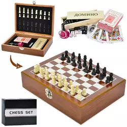 Настільна гра XQ12096 3в1, шахи, доміно, карти, кубик 6 шт., дзвіночок, кор., 26-20-6,5 см.
