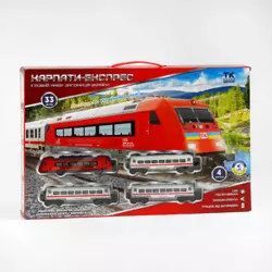 Залізниця TK 82115 (24/2) "TK Group", ОЗВУЧУВАННЯ УКРАЇНСЬКОЮ МОВОЮ, “Карпати-експрес”, підсвічування, голосові ефекти, 33 деталі, 4 вагони, в коробці Залізниця TK 82115 (24/2) "TK Group", ОЗВУЧУВАННЯ УКРАЇНСЬКОЮ МОВОЮ, “Карпати-експрес”, підсвічування, голосові ефекти, 33 деталі, 4 вагони, в коробці