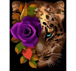 Набір для розпису по номерах Леопард з трояндою Strateg на чорному фоні розміром 40х50 см (AH1002)