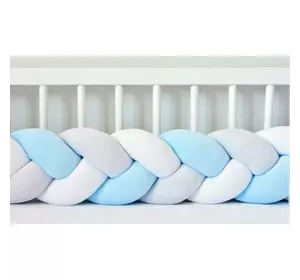 Бортик в кроватку Хатка Косичка Белый-Голубой-Пепельный 180 см (половина кроватки)