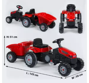 Трактор педальний з причепом 07-316 RED (1) клаксон на кермі, сидіння регульоване, задні колеса з гумовими накладками, в коробці