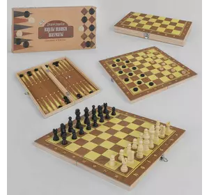Шахи C 45012 (48) 3в1, дерев'яна дошка, дерев'яні шахи, в коробці