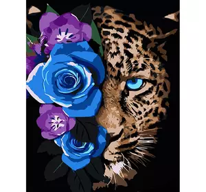 Набір для розпису по номерах Леопард у квітах Strateg на чорному фоні розміром 40х50 см (AH1033)